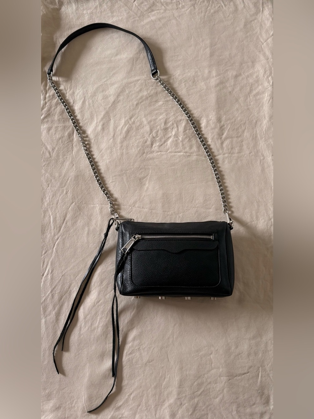 Rebecca Minkoff Black Leather Crossbody with Silver Chain Strap